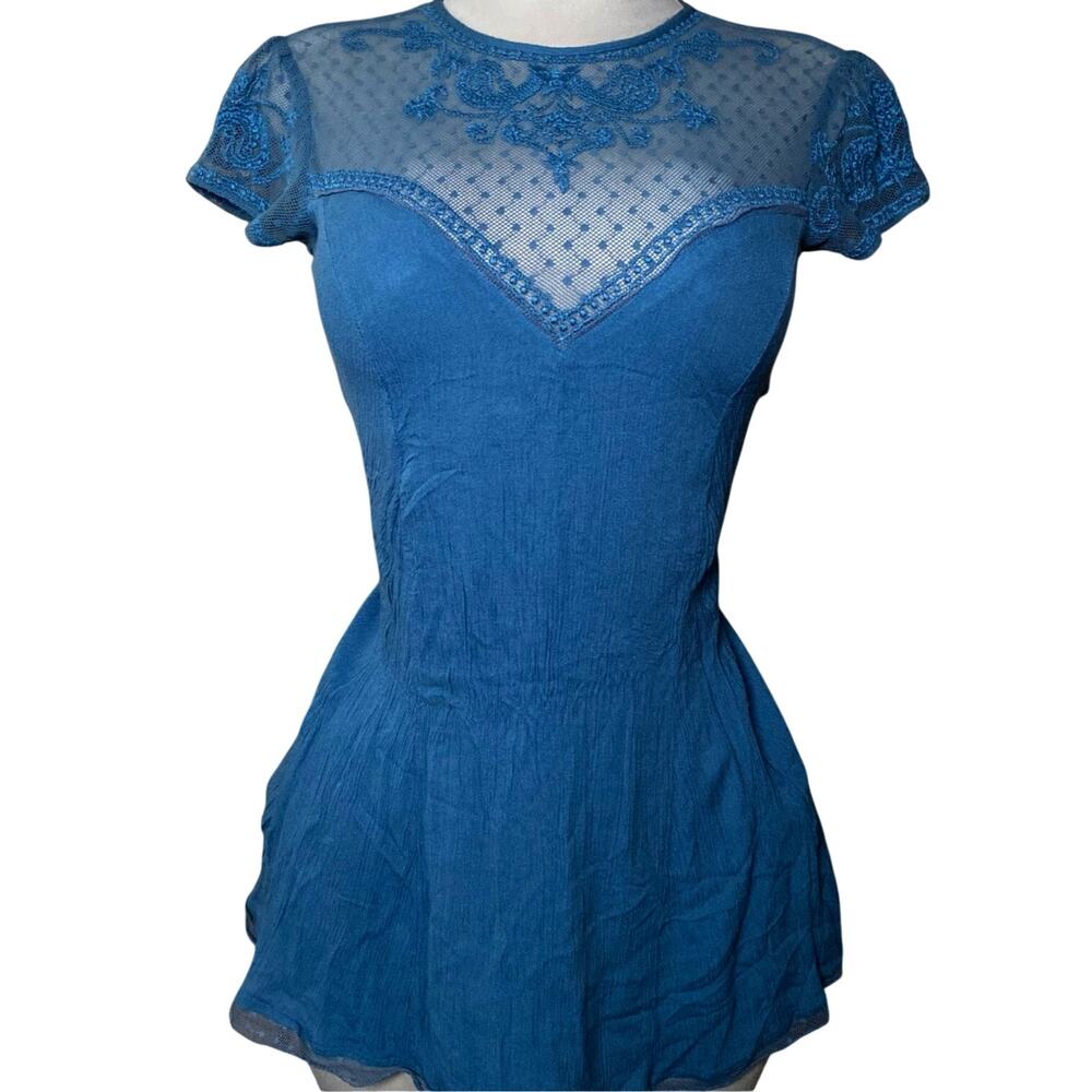 Coquette Fairycore Lace Mesh Mini Dress Flowy Embroidered Sheer Babydoll Dress